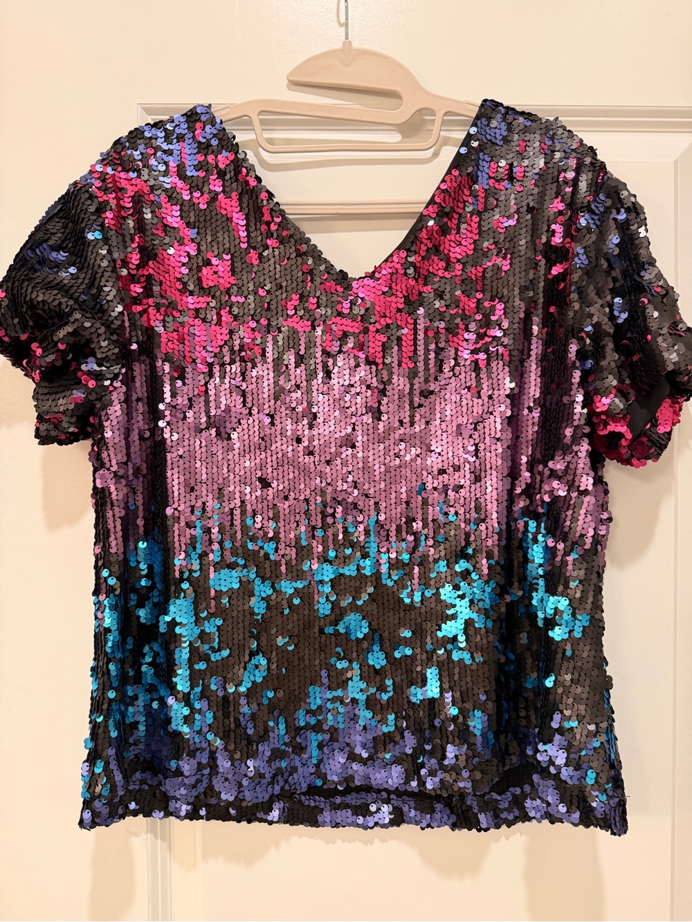 Short Sleeve Sequin Ombre V-Neck Top - Pink, Purple & Teal